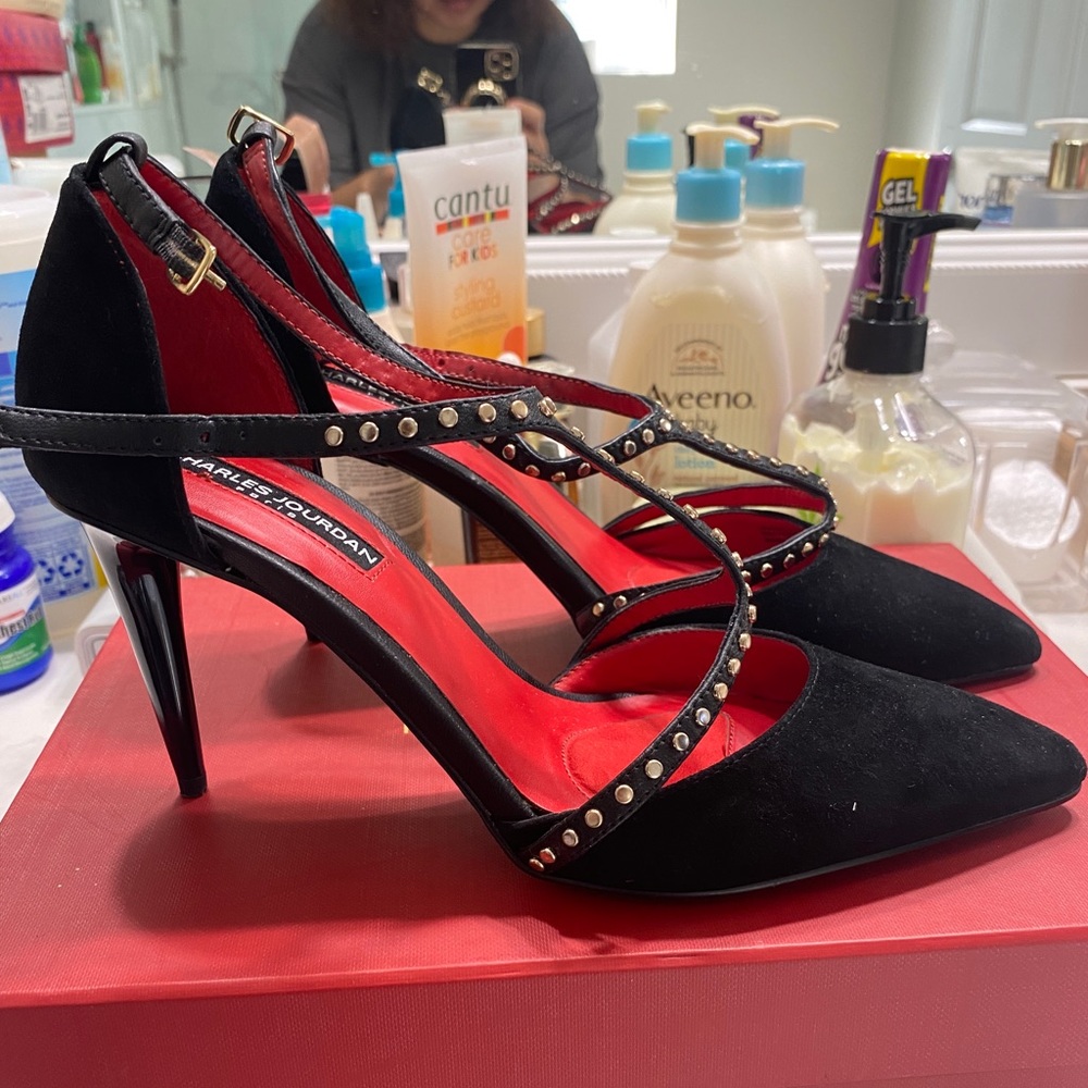 Charles Jourdan Black Suede with gold stud heels size 7.5